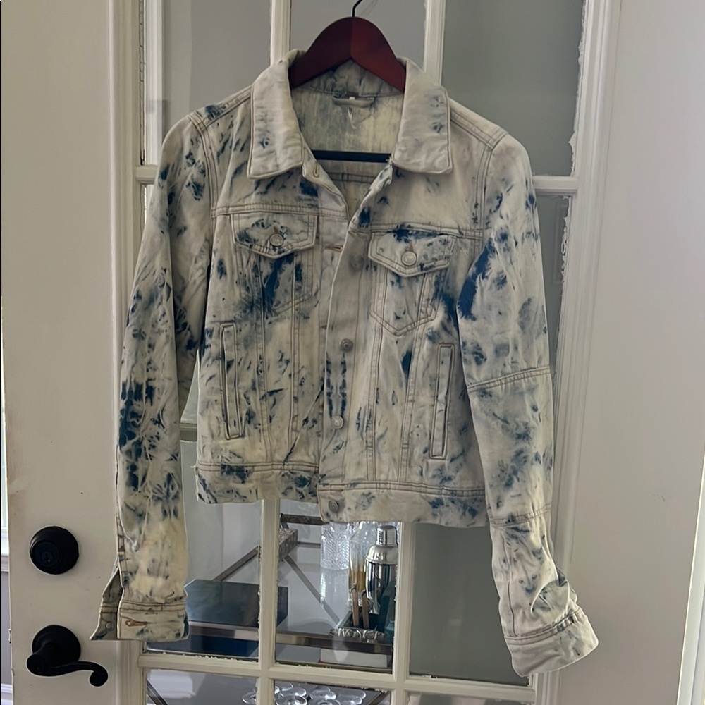 Free People Blue and White Jean Jacket Distressed Denim